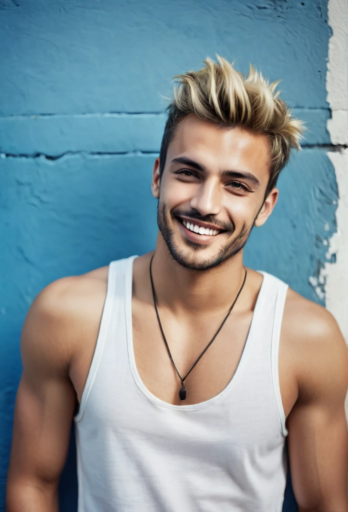grunge blonde hairstyle man 30 years, wearing tanktop and leather pants, smiles cheekily, ears without earrings, Blue wall behind him, raw photo realistic, attractive and good looking, Portrait of a beautiful young man, beautiful male face, full body, white grunge hairstyles, inspired by mariano di vaio style, inspired by zayn malik