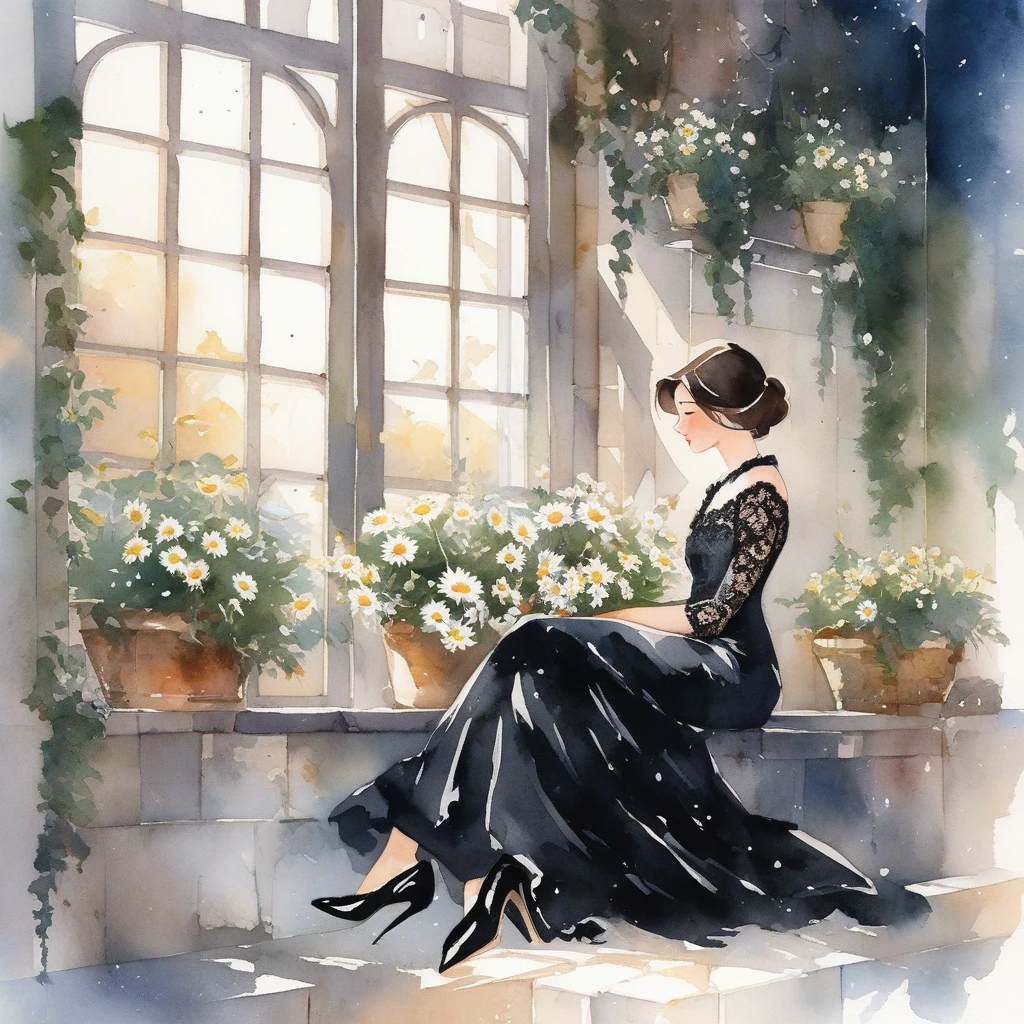 ANIME, Watercolor illustration. In the image, a woman exudes elegance and sophistication sitting on a window sill. She is adorned in a black lace dress that contrasts beautifully with her black high heels. In her hands she holds a bouquet of white daisies, whose innocence and purity complement her dark attire. Next to her, on the window sill, there is a black bag. The presence of the bag gives a personal touch to the scene, hinting at the woman's role as mother. The window she looks out of is framed by a brick wall, adding a rustic charm to the overall setting. The woman's position on the window sill and her gaze outside suggest a moment of contemplation or perhaps admiration for the view outside. Each element of this image comes together to create a scene that is both visually arresting and emotionally evocative.