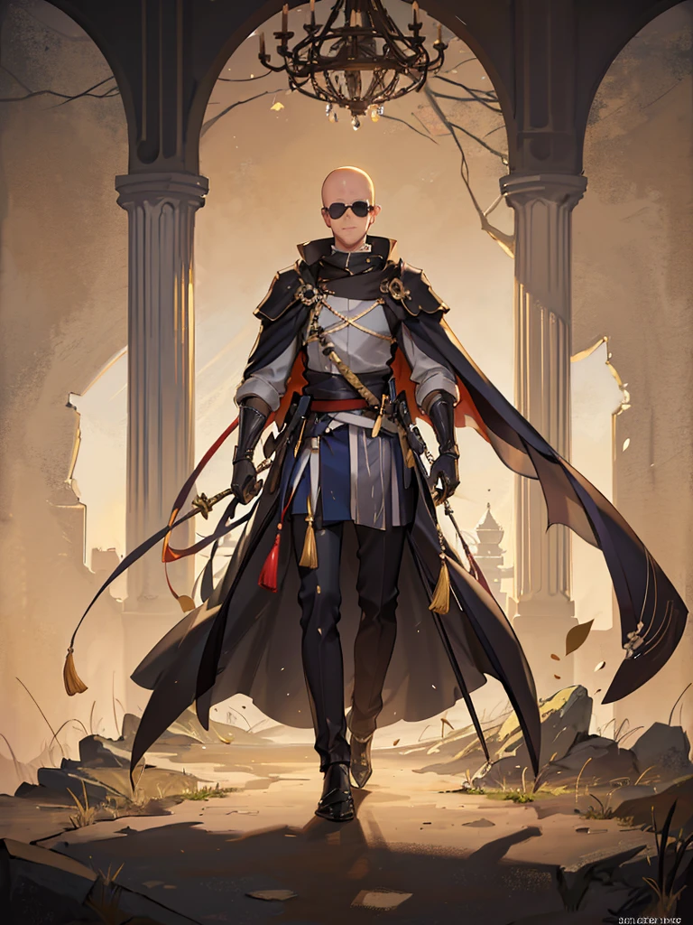 As imagined, masterpiece, authentic, male, age 47, Japanese, beautiful face, shaved head, Boston style sunglasses, studio lighting, cinematic lighting, thoughtful, beautiful dark eyes, perfect anatomy, cool smile, central image, style, bioluminescent, 180 cm tall, medium height, medieval European knight in armor,both hands holding a single sword and propped up against the ground , 8K resolution, human hands, oddly perfect, gentlemanly, near perfect, dynamic, highly detailed, character sheet, concept art, smooth, symmetrical and well balanced body, direct view of figure ,whole body,entire body,full body,total body,standing,Meadow with a fresh breeze