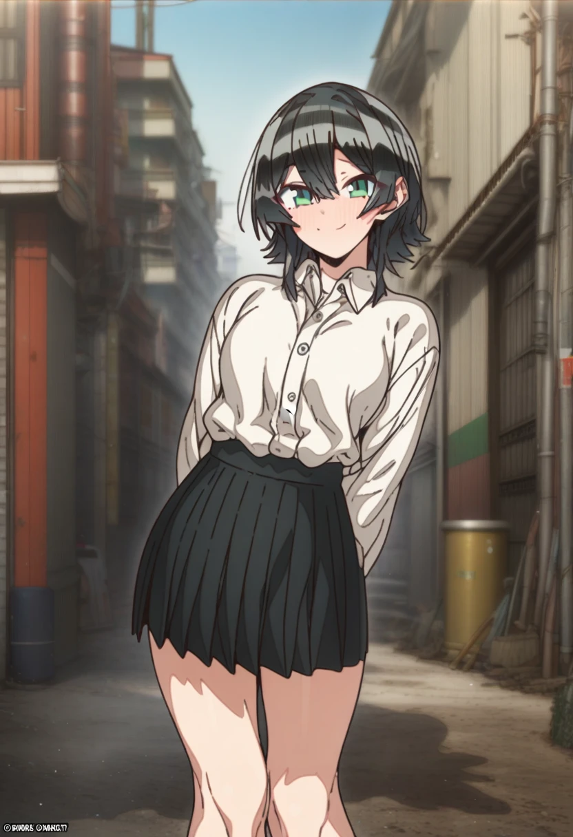 1girl, erere, solo, official art, black hair, green eyes, smile, looking at viewer, black pleated skirt, white shirt, hands behind back, raised eyebrows, expressive, smile, outdoors, scenery, best quality, masterpiece