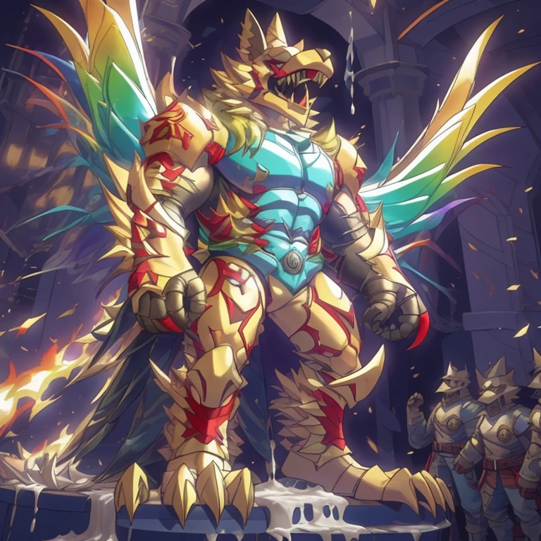 (masterpiece. official art. 8k. best quality. detailed full body. full body.)

(situation 1 : dominating The Phoenix Wolf. The Phoenix Wolf is over 1000 meters long. focus GIANT mechanical Muscular The Phoenix Wolf is trampling the car. Looking down.)

(situation 2 :smoke and flames rising from the destruction in the city)

(Additional details 1: Wearing golden Armor. Cape. Helmet. real texture material. whole body shines like metal. emphasizes the muscles. suit fully made of metal.Robotic suit).

(Additional details 1.5: The arms are golden. The lower half of the body is golden. The wolf-shaped helmet has sharp fangs. The whole body is golden. The chest area is also golden. There is a ring above the head.).

(Additional details 2: Detailed head. Detailed Body. Detailed abs. gigantic muscles. HYPER MUSCLES. Gigachad Muscular. big muscle. pecs. triceps. traps. unusually developed muscular body. body full of huge muscles. showing off muscles. pectorales enormes. Exaggeratedly huge muscles. huge muscles. long legs.).

(Additional details 3: Spread wings. It has wings. The claws are sharp. Sharp teeth.). He is laughing defiantly. The claws are sharp. Sharp teeth.). 

(Additional details 3.5 : nj5furry,  He is laughing defiantly. medieval armor.). 

(Additional details 4: golden dick, golden cock, golden hyper penis. hyper golden penis. big penis)

(Additional details 6 : Spraying hyper cum up everywhere into the sky from his erect penis. wide spray of cum, covered in cum, cum splashing in front of camera, crowd of naked muscular male spectators, bukkake, City is under a thick later of cum.) crossed arms.
sitting on the throne,