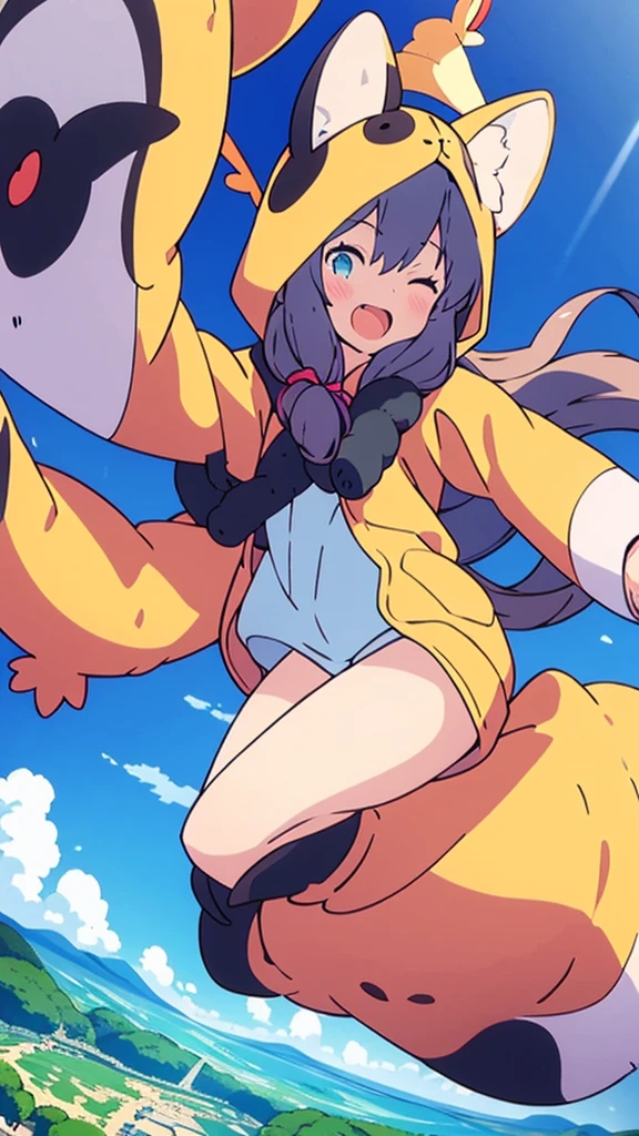 beautiful illustration, best quality, cute girl , animal hood, dynamic angle, sky, jumping Extremely detailed