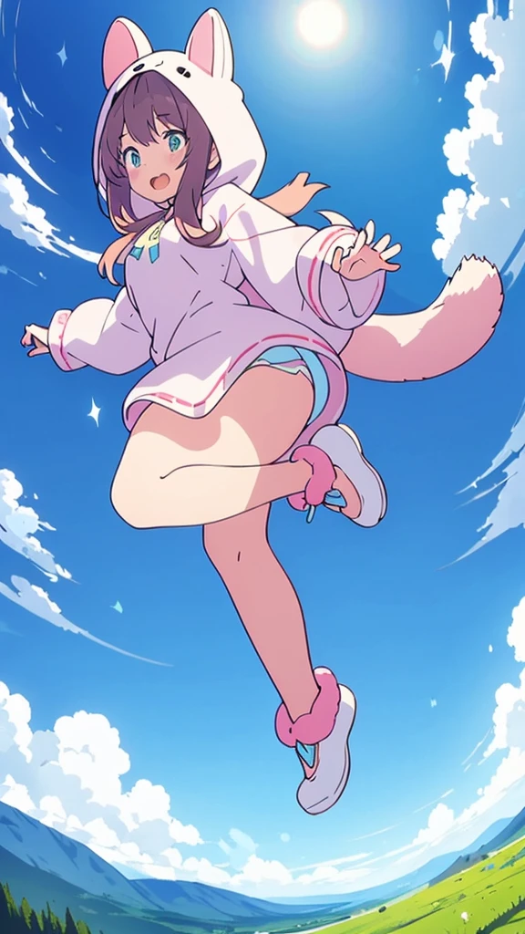 beautiful illustration, best quality, cute girl , animal hood, dynamic angle, sky, jumping Extremely detailed