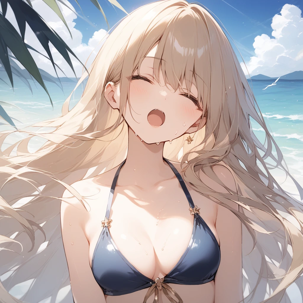 score_9, score_8_up, score_7_up, source_anime, best quality, masterpiece, official art, absurdres, highres, ultra-detailed,waifu2x,Collection: Slice of Life,break,1girl, long hair, medium breasts, beautiful detailed eyes, swimsuit, sweat, open mouth, (yawn:0.3), sleepily, ocean, outdoors, wind, break,(clear line illustration:1.2),very high resolution, very aesthetic, super detailed skin, Best sexual lighting powered by famous artist, 8k,cute picture,beauty illustration,photoshop_(medium),,(Detailed Lighting),best anime 8k konachan wallpaper, pixiv contest winner, 