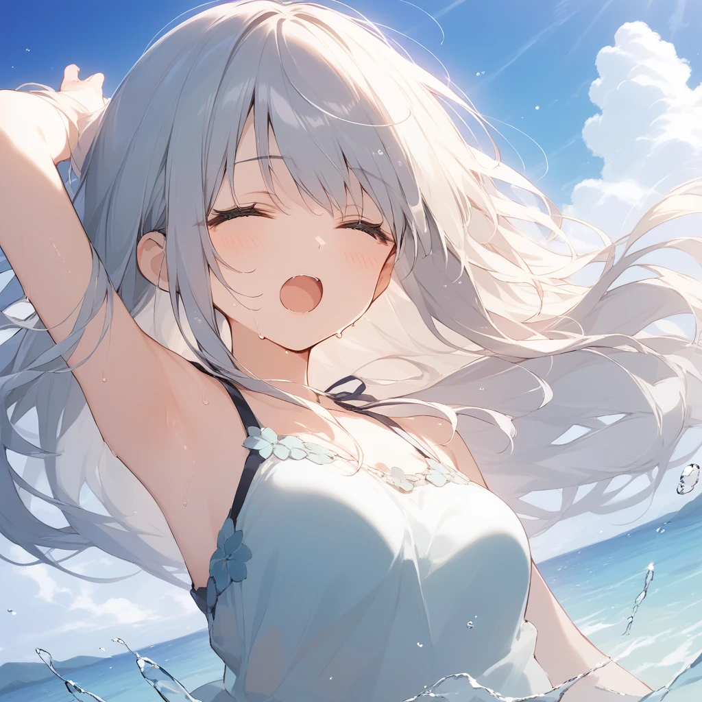 score_9, score_8_up, score_7_up, source_anime, best quality, masterpiece, official art, absurdres, highres, ultra-detailed,waifu2x,Collection: Slice of Life,break,1girl, long hair, medium breasts, beautiful detailed eyes, swimsuit, sweat, open mouth, (yawn:0.3), sleepily, ocean, outdoors, wind, break,(clear line illustration:1.2),very high resolution, very aesthetic, super detailed skin, Best sexual lighting powered by famous artist, 8k,cute picture,beauty illustration,photoshop_(medium),,(Detailed Lighting),best anime 8k konachan wallpaper, pixiv contest winner,
