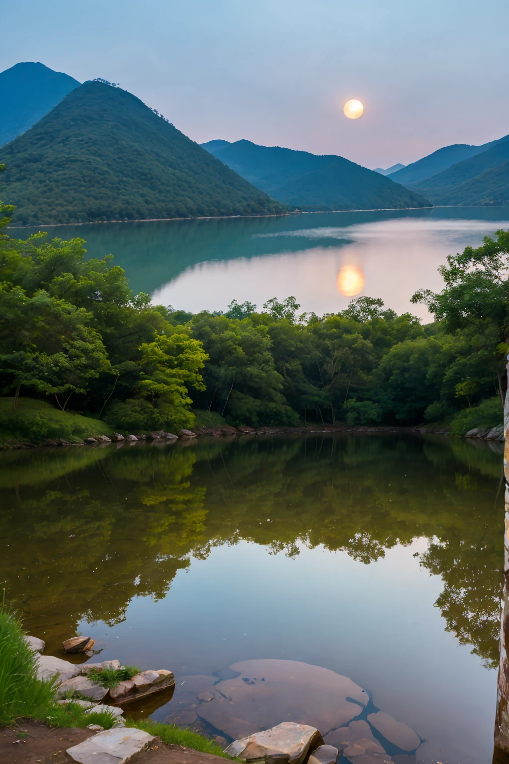 scenery，A full moon hangs in the sky，周围明亮的scenery，Blue green lake water，Rippling