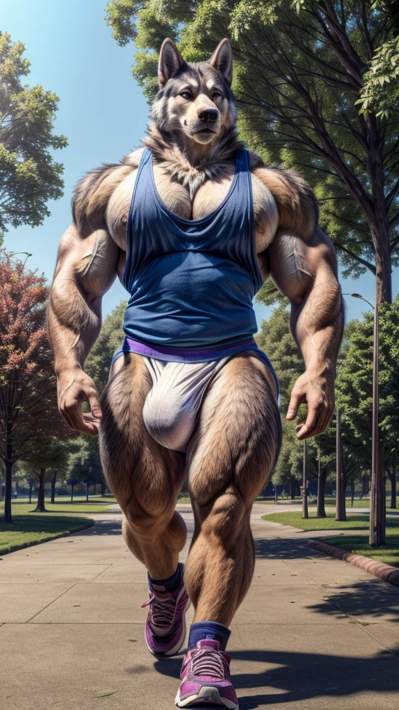 tail, dog, husky, muscular, jogging, fluffy fur, tall, giant, (((big bulge))), (((big pecs))), (((small waist))), (((wide hips))), (((big ass))), handsome, tank top and jockstrap, park, (((realistic, 8k, ultra details, masterpiece)))