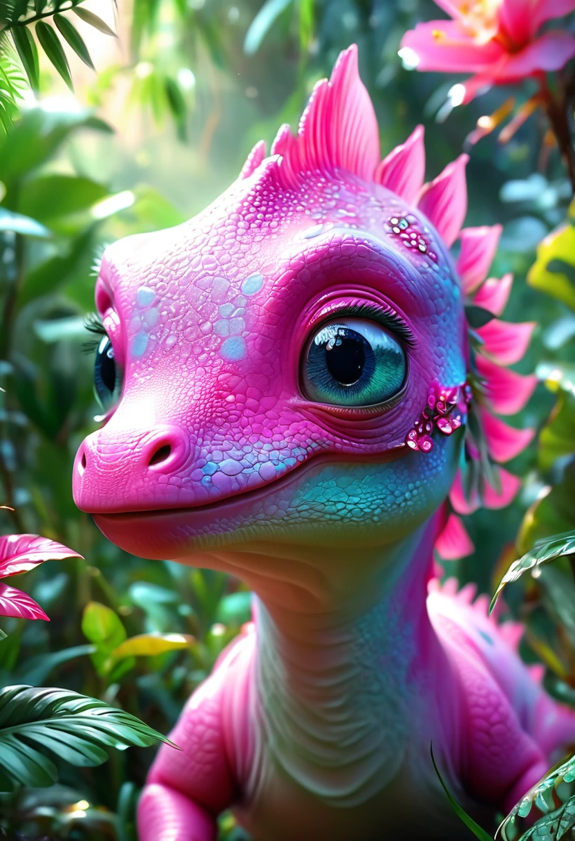 (Curious pink baby dinosaur), Beautiful and delicate eyes, Long eyelashes,Beautiful and delicate face, Extremely detailed eyes and face, Cute expression, Dense jungle background, Dreamy, Fantastic, watercolor, number, (best quality,4K,8K,high resolution,masterpiece:1.2),Extremely detailed,(Practical,photoPractical,photo-Practical:1.37),Vibrant colors,Soft lighting