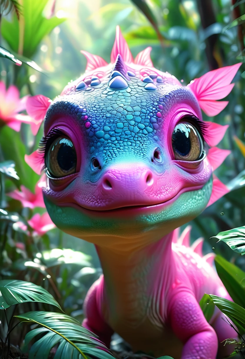 (Curious pink dinosaur), Beautiful and delicate eyes, Long eyelashes,Beautiful and delicate face, Extremely detailed eyes and face, Cute expression, Dense jungle background, Dreamy, Fantastic, watercolor, number, (best quality,4K,8K,high resolution,masterpiece:1.2),Extremely detailed,(Practical,photoPractical,photo-Practical:1.37),Vibrant colors,Soft lighting