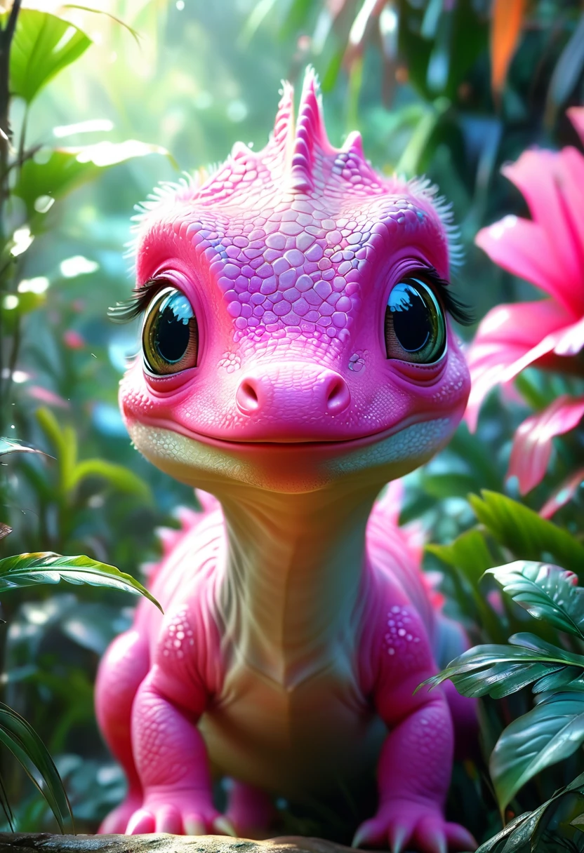 (Curious pink baby dinosaur), Beautiful and delicate eyes, Long eyelashes,Beautiful and delicate face, Extremely detailed eyes and face, Cute expression, Dense jungle background, Dreamy, Fantastic, watercolor, number, (best quality,4K,8K,high resolution,masterpiece:1.2),Extremely detailed,(Practical,photoPractical,photo-Practical:1.37),Vibrant colors,Soft lighting