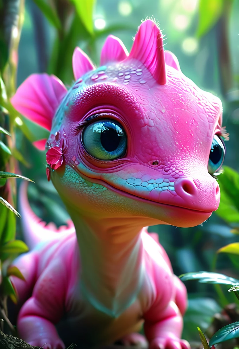 (Curious pink baby dinosaur), Beautiful and delicate eyes, Long eyelashes,Beautiful and delicate face, Extremely detailed eyes and face, Cute expression, Dense jungle background, Dreamy, Fantastic, watercolor, number, (best quality,4K,8K,high resolution,masterpiece:1.2),Extremely detailed,(Practical,photoPractical,photo-Practical:1.37),Vibrant colors,Soft lighting
