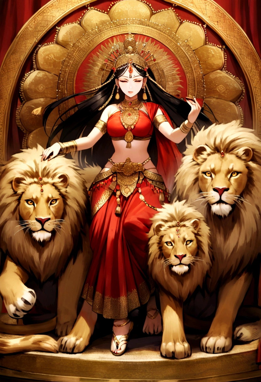 Prepare a photo of Maa Durga riding a lion and wearing a red chunari