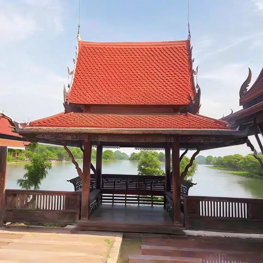 there is a bench that is sitting in front of a gazebo, a temple, thai architecture, beautiful image, temple in the background, patiphan sottiwilaiphong, thai temple, peaked wooden roofs, temple, in style of thawan duchanee, water temple, patiphan sottiwilai, pavilion, historical setting, clean image, wonderful masterpiece