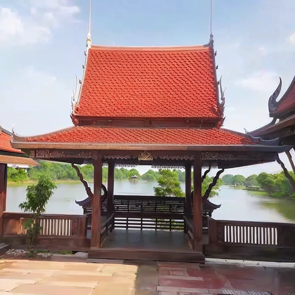 there is a bench that is sitting in front of a gazebo, a temple, thai architecture, beautiful image, temple in the background, patiphan sottiwilaiphong, thai temple, peaked wooden roofs, temple, in style of thawan duchanee, water temple, patiphan sottiwilai, pavilion, historical setting, clean image, wonderful masterpiece