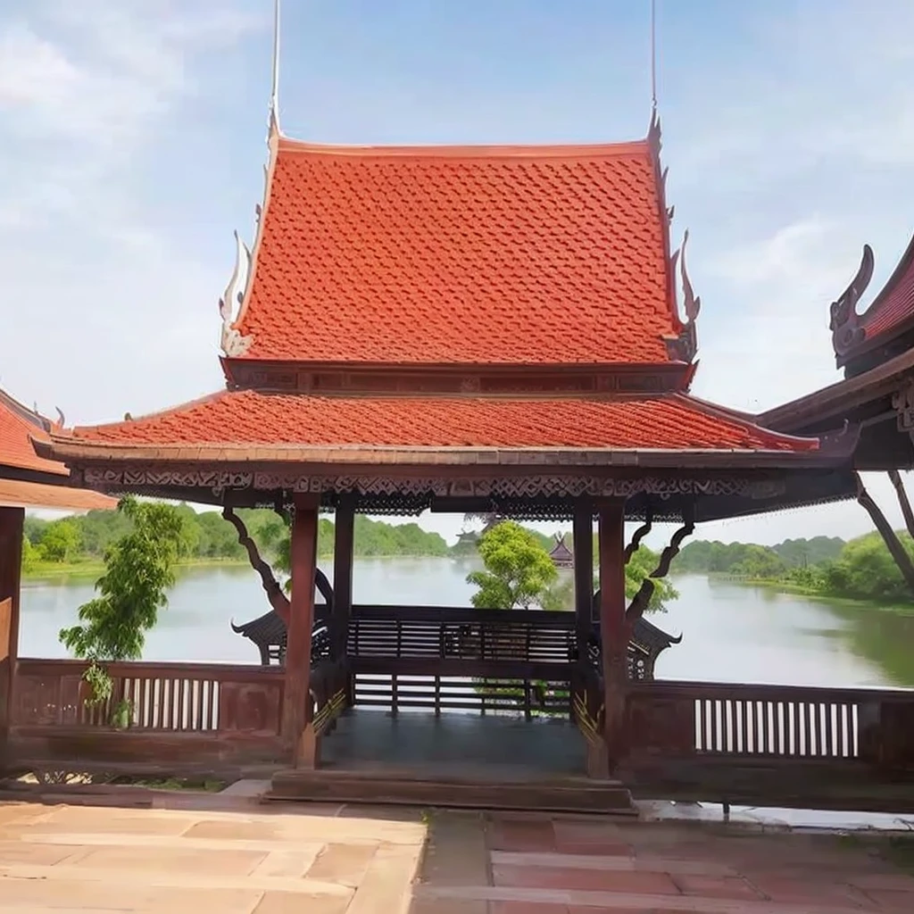 there is a bench that is sitting in front of a gazebo, a temple, thai architecture, beautiful image, temple in the background, patiphan sottiwilaiphong, thai temple, peaked wooden roofs, temple, in style of thawan duchanee, water temple, patiphan sottiwilai, pavilion, historical setting, clean image, wonderful masterpiece