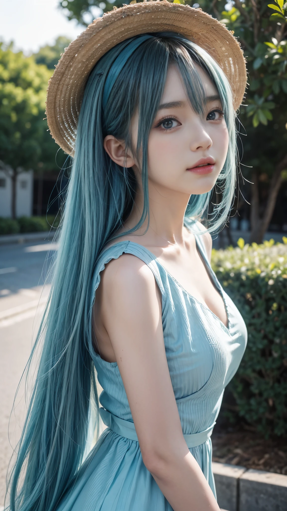 Blue haired anime girl in a straw hat and blue dress, artwork in the style of Gwaiz, Beautiful anime portraits, Gwaiz, Beautiful Anime Girls, beautiful Anime Style, Turquoise hair anime girl, Anime Style. 8K, In the art style of Bouwater, Beautiful digital illustrations, Beautiful character drawings, Stunning Anime Face Portraits