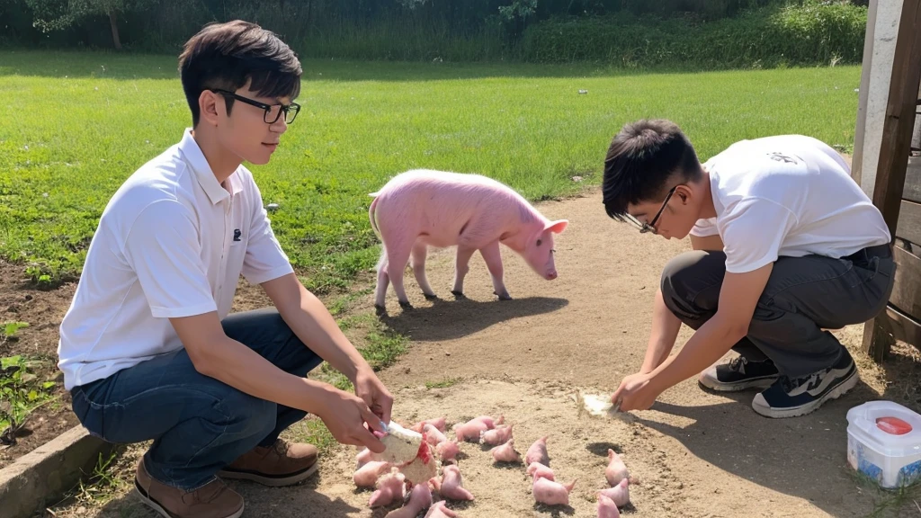 a young chinese men with specs is washing pig poops in the farm, there are pigs walking around as well.