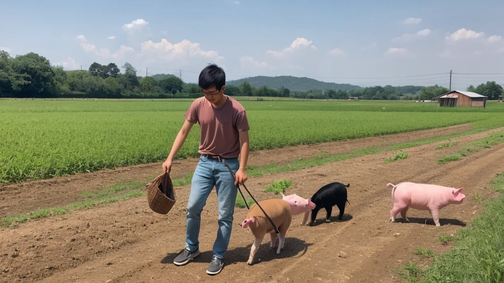 a young chinese men with specs is washing pig poops in the farm, there are pigs walking around as well.