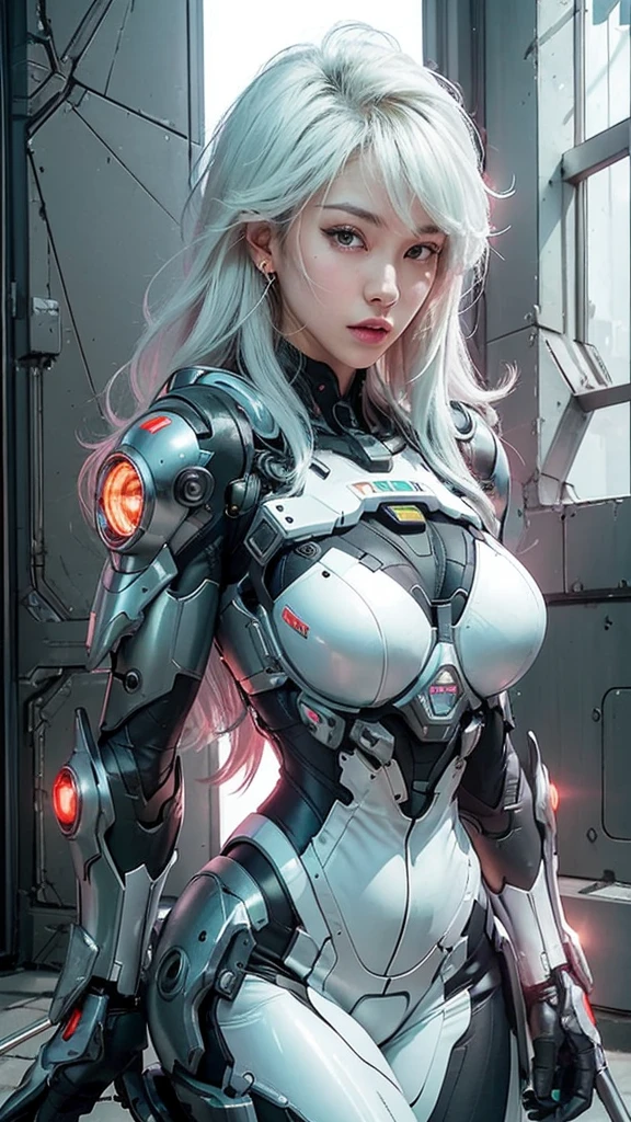 Close-up of a woman in a futuristic suit holding a gun, Cyberpunk art inspired by Masamune Shirow, Pixiv, Fantasy art, Cyborg - Girl with silver hair, Girl wearing mecha cyber armor, cute Cyborg Girl, Beautiful Caucasian girl cyborg, Cyborg Girl, Beautiful girl cyborg, Perfect anime cyborg woman, Cyborg - Girl, Cyberpunk Anime Girl Mecha