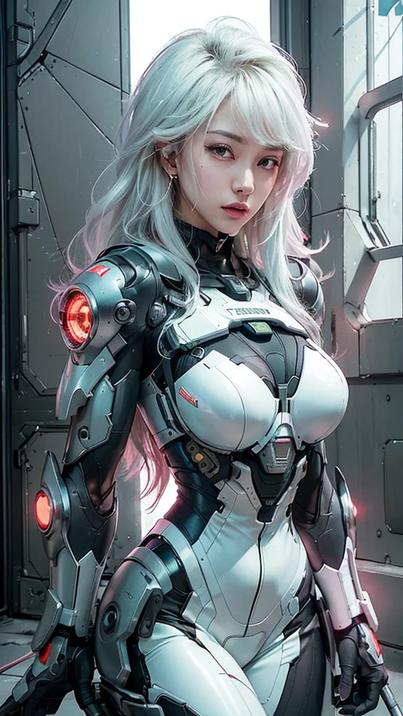 Close-up of a woman in a futuristic suit holding a gun, Cyberpunk art inspired by Masamune Shirow, Pixiv, Fantasy art, Cyborg - Girl with silver hair, Girl wearing mecha cyber armor, cute Cyborg Girl, Beautiful Caucasian girl cyborg, Cyborg Girl, Beautiful girl cyborg, Perfect anime cyborg woman, Cyborg - Girl, Cyberpunk Anime Girl Mecha