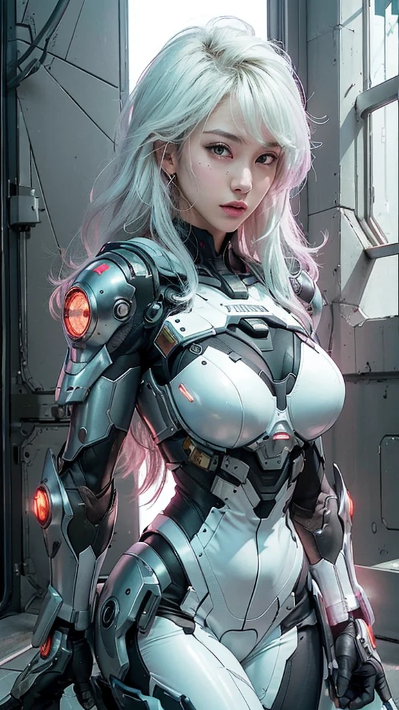 Close-up of a woman in a futuristic suit holding a gun, Cyberpunk art inspired by Masamune Shirow, Pixiv, Fantasy art, Cyborg - Girl with silver hair, Girl wearing mecha cyber armor, cute Cyborg Girl, Beautiful Caucasian girl cyborg, Cyborg Girl, Beautiful girl cyborg, Perfect anime cyborg woman, Cyborg - Girl, Cyberpunk Anime Girl Mecha
