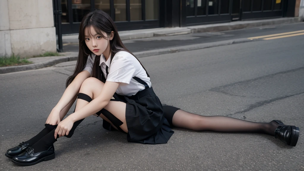 Black stockings with letters, sitting on the ground, bare feet, black suspenders, JK skirt, long hair, cute girl, natural, sexy, with a front face, full body photo