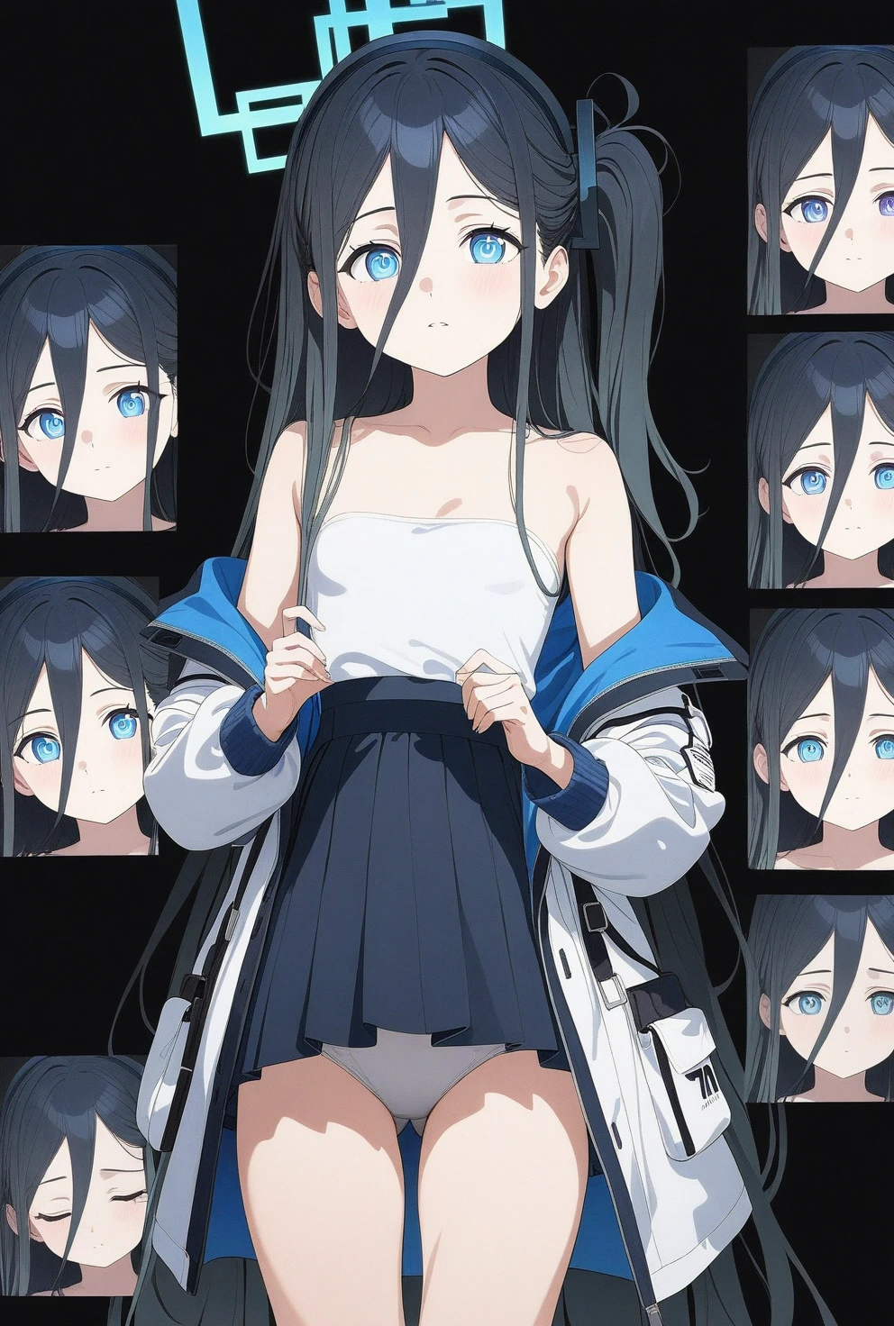 best quality, amazing quality, very aesthetic, absurdres, 1girl, aris (blue archive), blue archive, blue eyes, hair, strapless, (artist official art:1.5), (realistic face), (narrowed eyes), (cowboy shot), (concept art:1.5), panties, (thigh), expressive eyes, perfect face, 4k, extremely detailed anime illustration, extremely detailed eyes, enhanced details, perfect anatomy, light rays, photo background, extremely delicate body, smooth skin, feminine expression, (black background:1.5), cristal clear eyes, beautiful face, small breasts, aris (blue archive), blue archive, blue eyes, hair, aris (blue archive), blue archive, blue eyes, hair, aris (blue archive), blue archive, blue eyes, hair,