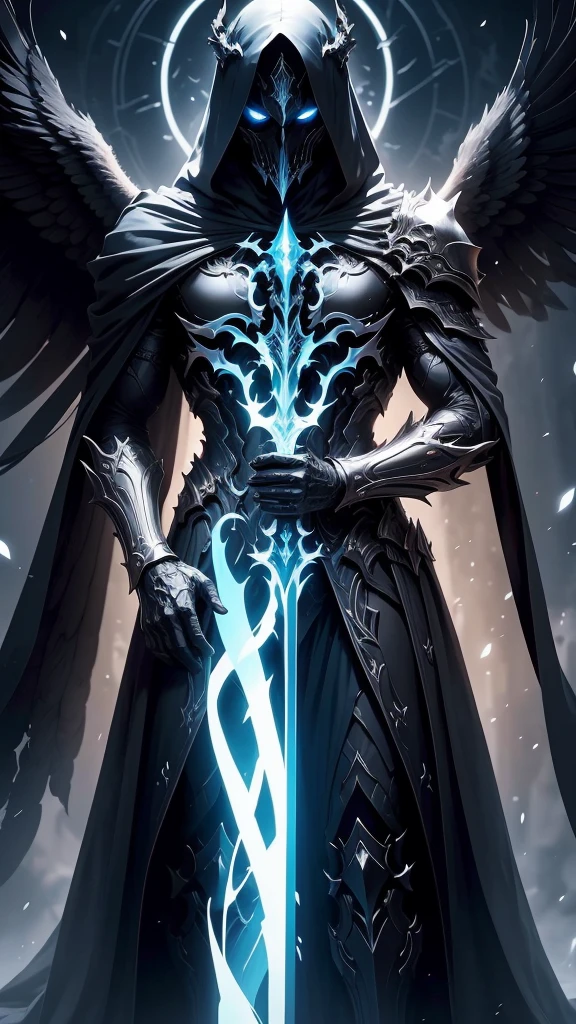 Striking illustration of the Angel of Death., A mysterious and ethereal figure who guards the threshold between life and death.. His presence is enigmatic and powerful...., con alas inmensas que se extienden hacia el horizonte y una mirada penetrante que transmite serenidad y temor. He uses cool tones and deep shadows to emphasize his ethereal nature and his connection to the realm of death......(dark lighting), ( ethereal lighting),(Spectral illumination)