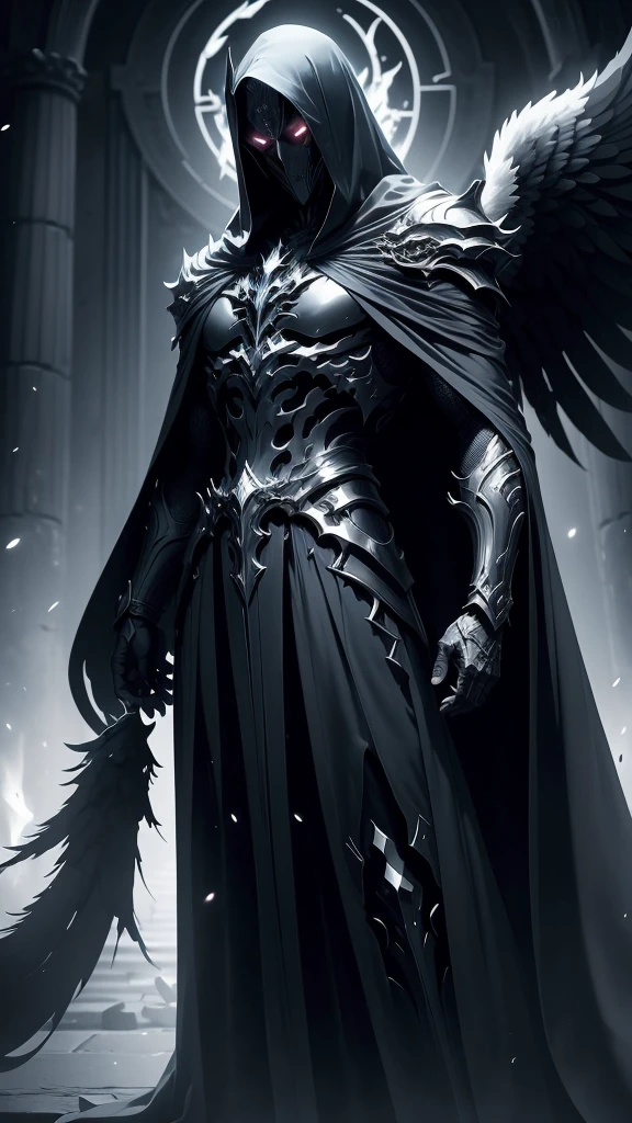 Striking illustration of the Angel of Death., A mysterious and ethereal figure who guards the threshold between life and death.. His presence is enigmatic and powerful...., con alas inmensas que se extienden hacia el horizonte y una mirada penetrante que transmite serenidad y temor. He uses cool tones and deep shadows to emphasize his ethereal nature and his connection to the realm of death......(dark lighting), ( ethereal lighting),(Spectral illumination)