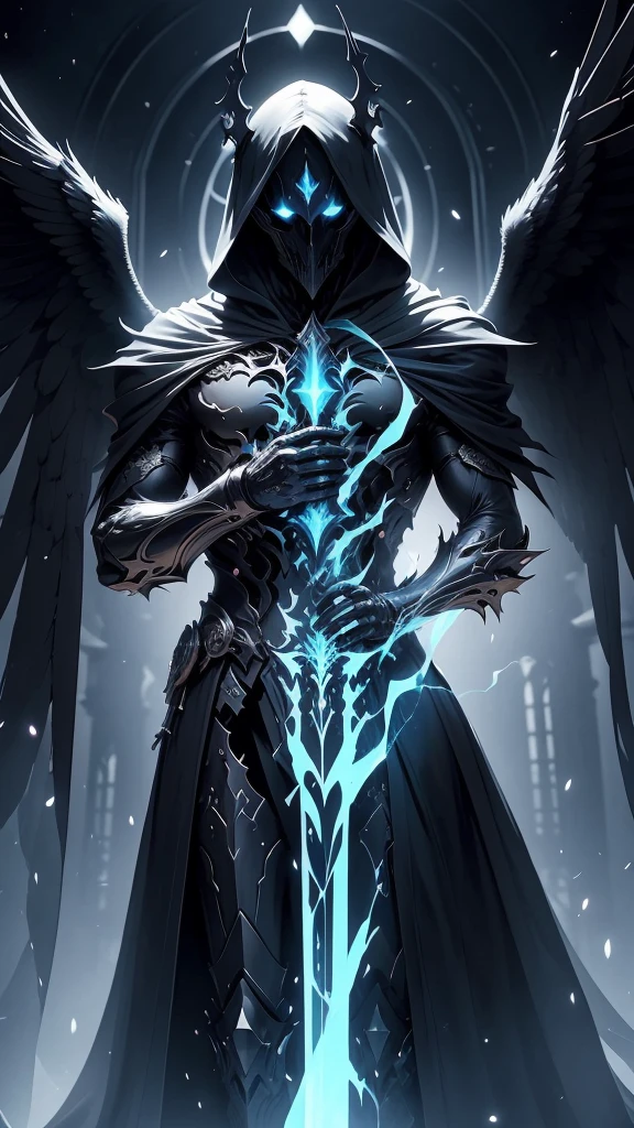 Striking illustration of the Angel of Death., A mysterious and ethereal figure who guards the threshold between life and death.. His presence is enigmatic and powerful...., con alas inmensas que se extienden hacia el horizonte y una mirada penetrante que transmite serenidad y temor. He uses cool tones and deep shadows to emphasize his ethereal nature and his connection to the realm of death......(dark lighting), ( ethereal lighting),(Spectral illumination)