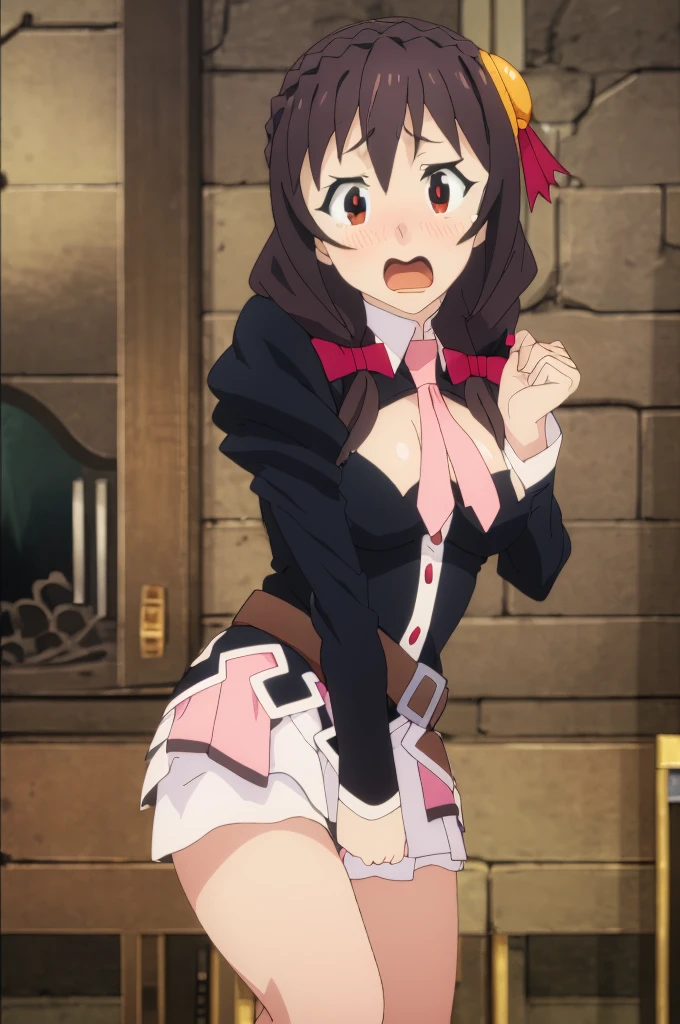 (masterpiece, Highest quality), One girl, Yunyun,Long Hair,Braiding,Twin tails,Hair between the eyes,Red hair ribbon,hair ornaments,large round breasts,、Pink Skirt、Black Hair、Crown Blade,Black Shirt, Long sleeve,Pink tie, belt, Cleavage cutout、Above the knee、(blush)、Young face、(Surprised face:1.2)