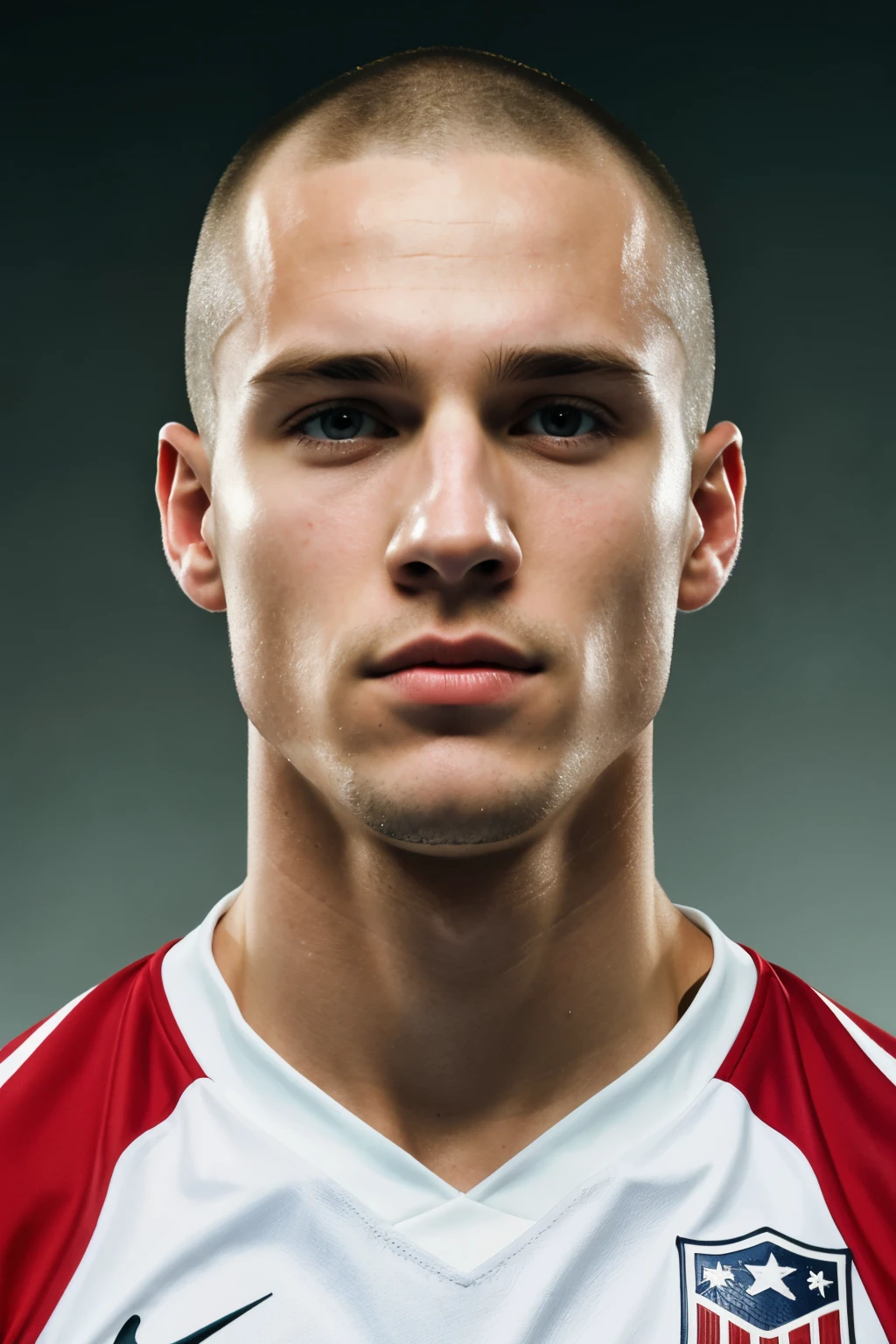 USA soccer midfielder. 25 years old. white skin. blonde. buzz cut. Brutal face. Strong chin. No facehair. Dramatic light. Portrait. Male. White jersey. masterpiece, best quality, highres, realistic, handsome, photogenic, masculine, (big muscles), subsurface scattering,dinamic light,sunkissess,high detailed skin,high detailed face, Epic
