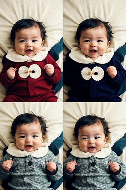 The same baby as before but in another place and with different clothes and another gesture baby with common facial defects 
