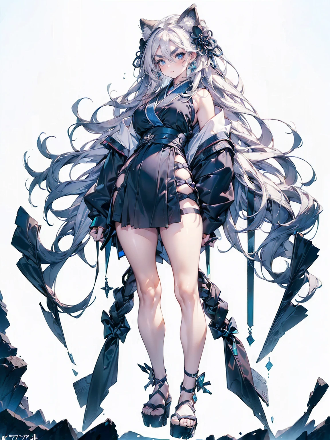 (White Hair Girl), (Thick, dark blue eyebrows:1.4), (Dark blue eyebrows:1.7), (Thick eyebrows:1.3), (Huge black fluffy animal ears:1.1), (Black animal ears:1.1), BREAK,,BREAK, (Big Breasts:1.2, Thick legs, Adult female body, Sturdy body:1.5, Japanese style costume:1.5, Beautifully colored kimono:1.7,Colorful kimonos), ((full body:1.7, Contrapposto:1.5)), (sharp eyes, Ultra-high definition CG, Precisely designed costumes, 4K, 8K, Ultra-high definition CG, Precisely designed costumes, Clear lines, Expressive and Captivating Eyes, Fine Details and Realistic Textures, cinematic lighting), ((white background)), (過剰なRuggedThick soleブーツを履いています:1.2), (Thick sole:1.5), (Big shoes:1.3), ((Beam SE, embarrassed))　

