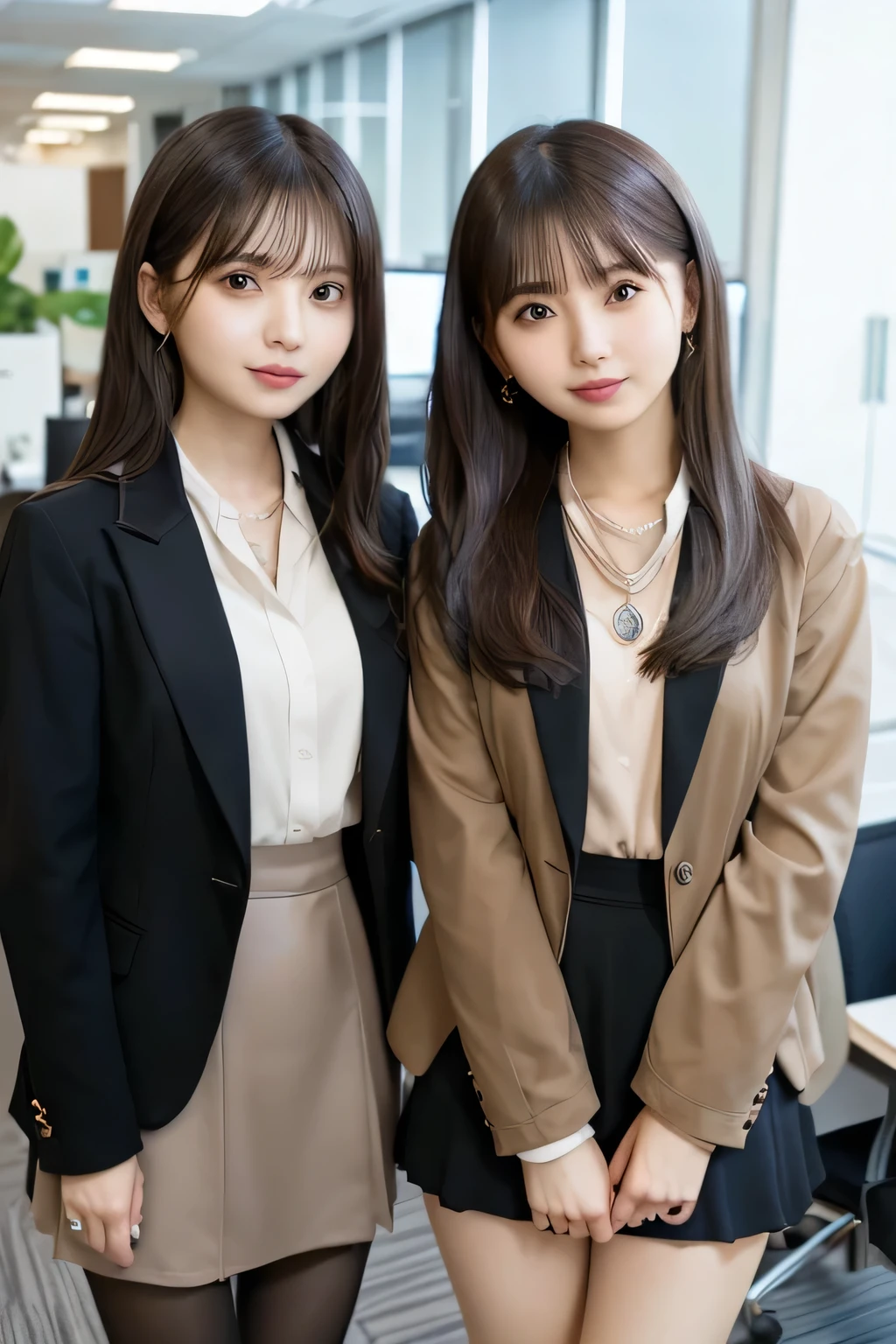 Beautiful young woman、Two women standing side by side in an office、 Brown Hair、Necklace around the neck、Office Lady Suits、Jacket、Unbuttoned shirt、Knee-length skirt、tights、pumps、Full body photo、smile、Beautiful teeth alignment、short hair、Intricate details, Very detailed:1.2), 、 Looking into the camera,The background is the office、Necklace around the neck、Dark eyeliner、ear piercing
