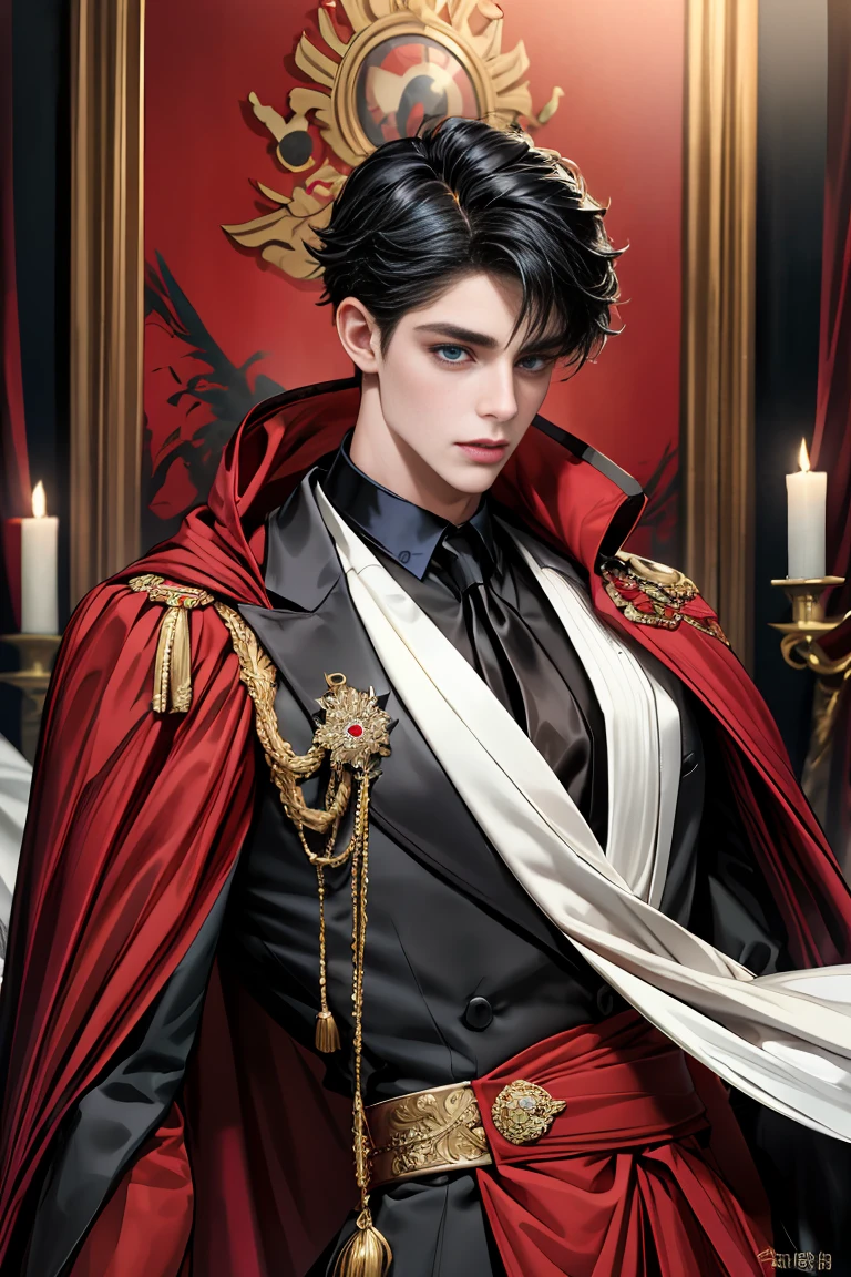 masterpiece, 最high quality, high quality, 1 boy, alone, Male focus, Watching the audience, Messy black hair, Adorable big blue eyes, White people, Noble, Noble,Sexy voluminous black and red cape、Tuxedo、A very voluminous, large, very large, very large, long, long red and black cape with a high stand-up collar, reaching down to the floor, made of a lot of fabric., 17 years old,Cute beautiful boys,Cute, cute, kind, handsome guy