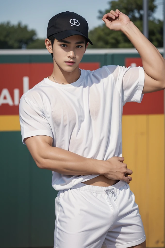 Shota, 15-year-old boy, Children, very young teenagers, Amazing baseball field view, In the middle of a baseball field packed with people, baseball field on the background, It's crowded., sunny day, (He wore a tight, short-sleeved white shirt.:1.5) ,Very small, covering half of his big cock., He wore a baseball cap on his head., print dick, Sweat dripping all over., Sweat covered the entire body., ภาพถ่ายfull body, Wear very small underwear., Proudly showing off his sweaty hairy armpits to the audience in the music area., Naked, wearing tiny white panties., very young boy, Soft, cinematic lighting illuminates a handsome Korean male supermodel in stunning detail and ultra-realism., My hair is very frizzy., clear honey colored eyes, A perfect smile is charming., sensuality, hot man, very handsome, Showing off his sweaty body., Has a lot of muscle and a six-pack., ผอมthin, compact, full body, 8K, photography, Masterpiece, detailed face, Detailed eyes, sexy, Beautiful stomach, beautiful legs, and a large, detailed bulge., expression of ecstasy, excited, thin, Detailed eyes and lips, Have a six-pack and a fit body.. Image quality is of the highest standard., With detailed features and realistic appearance. The colors are bright and vibrant., Enhances overall beauty. The light is soft and natural., Shining a soft glow on the boy, Don't combine the body.