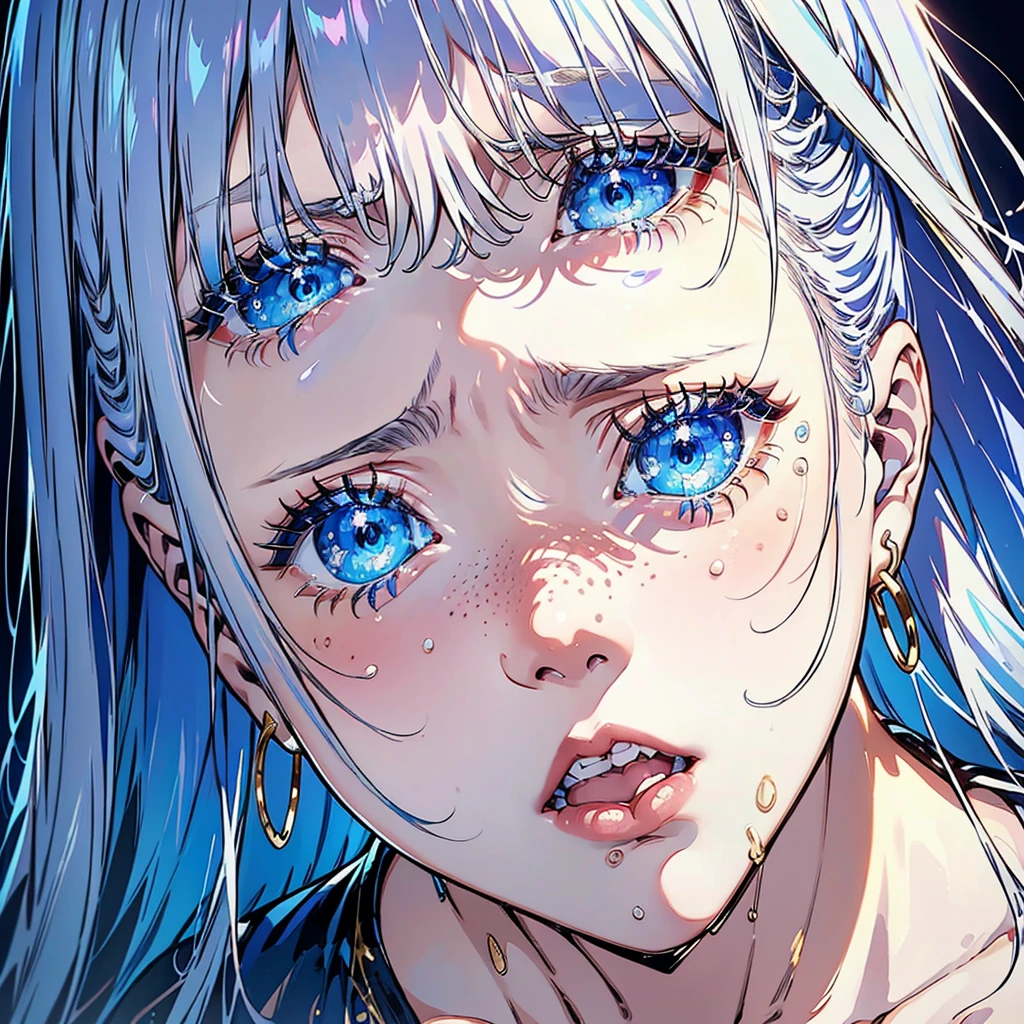 portrait of a young woman crying, silvery hair, (tears), sad face, simmetric (blue) eyes, (light freckles), juicy lips, gold earrings, beautiful lights, iper-realistic, masterpiece, ((cinematic lighting)), best quality.