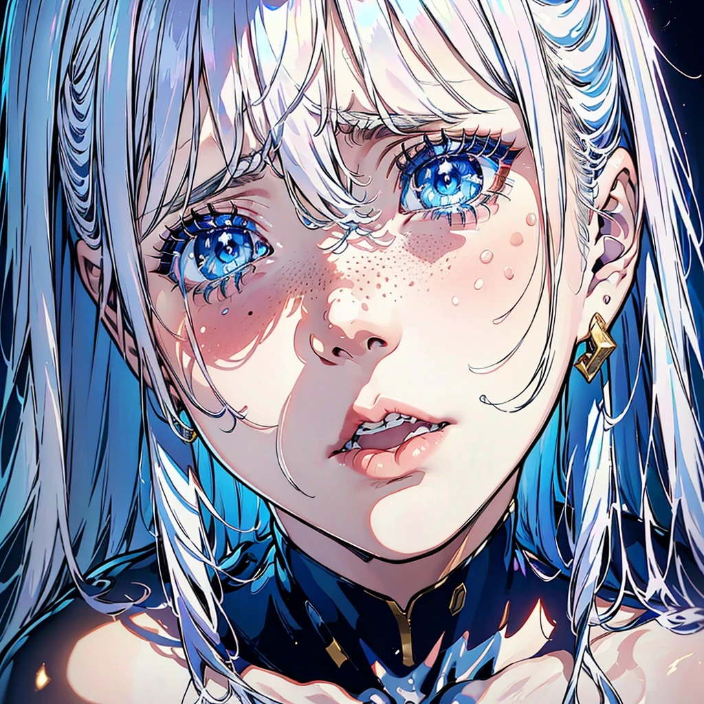 portrait of a young woman crying, silvery hair, (tears), sad face, simmetric (blue) eyes, (light freckles), juicy lips, gold earrings, beautiful lights, iper-realistic, masterpiece, ((cinematic lighting)), best quality.