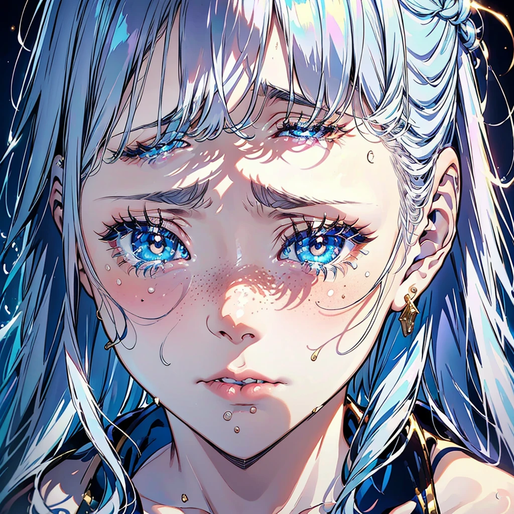 portrait of a young woman crying, silvery hair, (tears), sad face, simmetric (blue) eyes, (light freckles), juicy lips, gold earrings, beautiful lights, iper-realistic, masterpiece, ((cinematic lighting)), best quality.