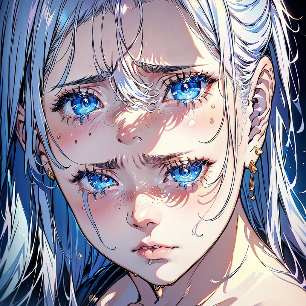 portrait of a young woman crying, silvery hair, (tears), sad face, simmetric (blue) eyes, (light freckles), juicy lips, gold earrings, beautiful lights, iper-realistic, masterpiece, ((cinematic lighting)), best quality.