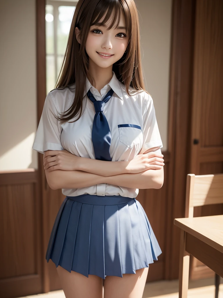 8K, Highest quality, The real picture, Intricate details, Very detailed, Ultra-high resolution, Depth Field,(Realistic,Realistic:1.2),Tabletop , ((Full Body Shot)) , ((Long, slender legs)), 1 girl, eye_Chan, Very beautiful 17 year old girl, innocent big eyes,、Beautiful breasts:1.5、非常に詳細なeye:1.2)、(Beautiful breasts:1.1)、((Light Brown Hair))、(Long Bob Hair), Asymmetrical bangs, Perfect Skin, Fair skin, Small breasts, Tight waist, alone, Staring at the audience, (smile)、((School_uniform), (White shirt、Wear a tie), (Blue checkered pleated micro mini skirt), ((Fold your arms in front of your chest and act arrogantly)), ((楽しそうなsmile)), ((Perfect hand shape))