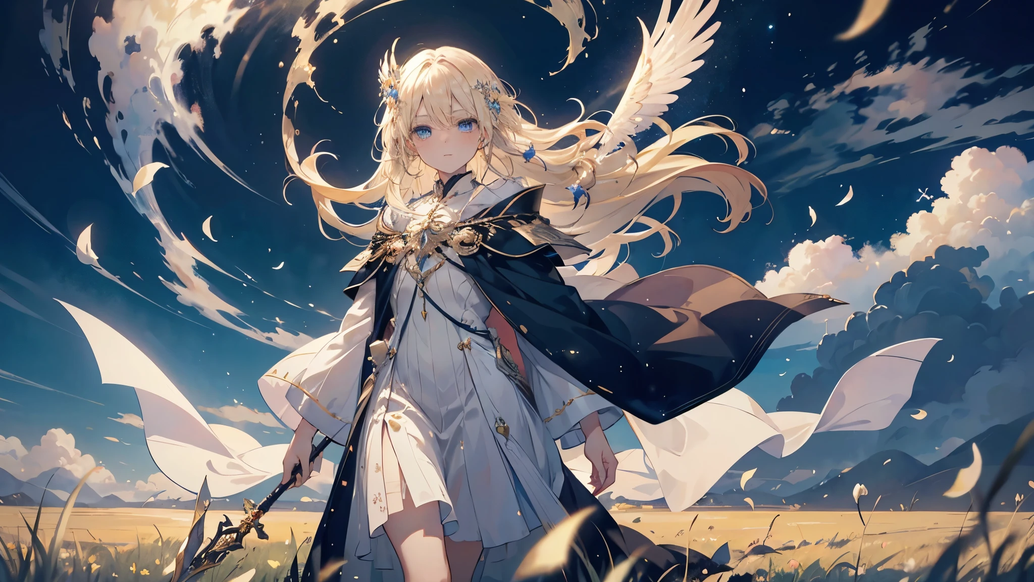 ((Highest quality, masterpiece)), An image depicting a beautiful blonde male wizard standing in a meadow. He is wearing a white robe, It is depicted as fluttering in the wind.. His long blonde hair flows gracefully down his back., Showing him fluttering in the wind.
His face represents the wisdom and power of a great wizard., His bright blue eyes、It suggests that he has magical powers.. In his hands, Does he have a magic wand?、She is depicted emanating magical light from her palms.。.
The surrounding grasslands are painted in bright, vibrant colors., Expressed with a soft touch like watercolor painting. The wind swaying the meadow, You can feel the grass and flowers dancing..