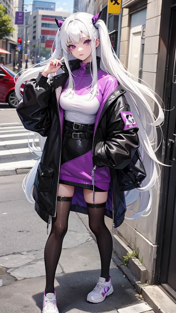 She has a long white hair.She has purple eyes, street wear.