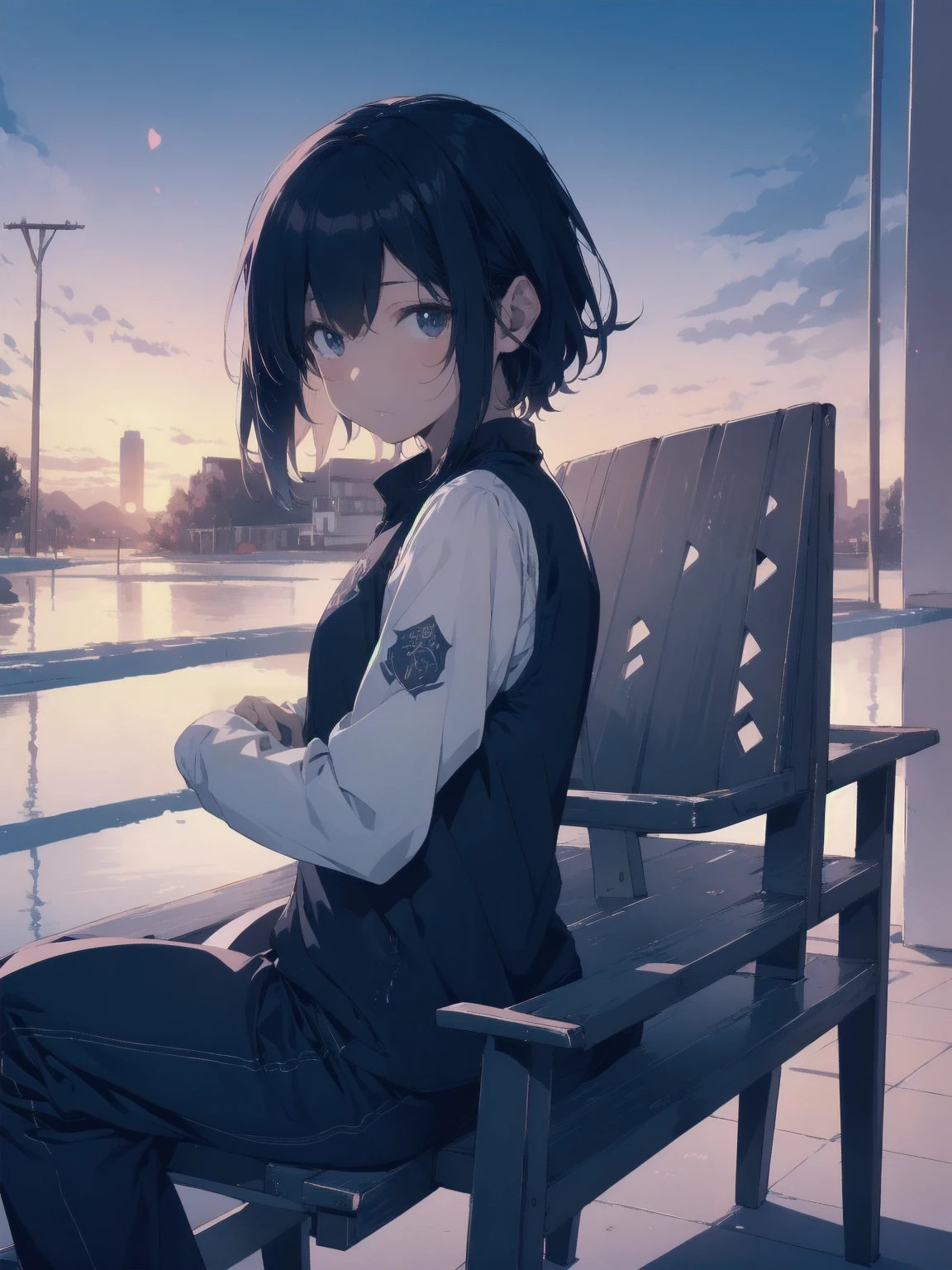 ultra-Top-quality by art God, ultra-detailed, high resolution, shinkai makoto style, anime moe artstyle, best anime 8k konachan wallpaper, pixiv contest winner, perfect anatomy, break,(Please draw a picture of a girl in a swimsuit sitting sleepily on a bench by the poolside alone.),break, a hyperrealistic school girl, (Solo,lolita, ???, 13-year-old:1.3),Full limbs, complete fingers,a junior high school student, androgynous charm, (very short hair), wet hair, small round chest,slender body, Small butt, groin, Small black eyes,hanme,beautiful detailed eyes, well-proportioned iris and pupils, sleepy eyes, highres detailed hair, swimsuit, wet swimsuit, bare shoulders, in the school pool. break,super detailed skin, shiny skin, Best lighting powered by famous artist, 8k, illustration,UHD, textured skin,break,((artist:sincos )), artist:clamp ,artist:carnelian ,artist:kantoku ,