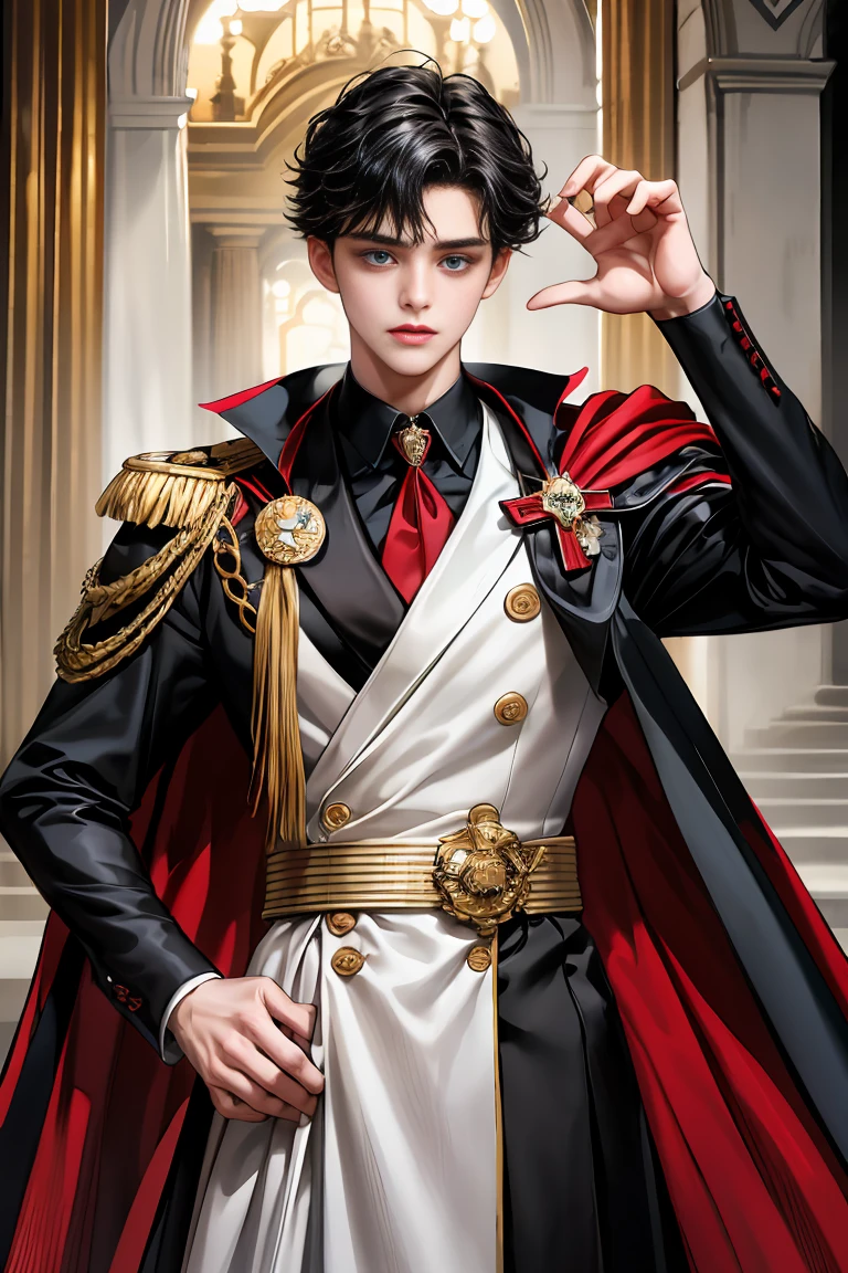 
masterpiece, 最high quality, high quality, 1 boy, alone, Male focus, Watching the audience,  Messy black hair, Adorable big blue eyes, White people, Noble, Noble,Sexy voluminous black and red cape、Tuxedo、A very voluminous, large, very large, very large, long, long red and black cape with a high stand-up collar, reaching down to the floor, made of a lot of fabric., 17 years old,Cute beautiful boys,Cute, cute, kind, handsome guy
