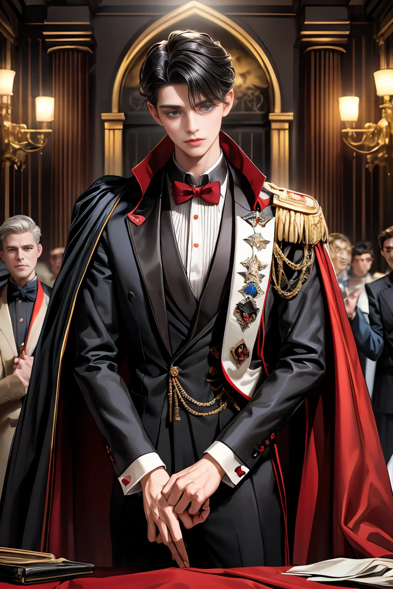 masterpiece, 最high quality, high quality, 1 boy, alone, Male focus, Watching the audience, Messy black hair, Adorable big blue eyes, White people, Noble, Noble,Sexy voluminous black and red cape、Tuxedo、A very voluminous, large, very large, very large, long, long red and black cape with a high stand-up collar, reaching down to the floor, made of a lot of fabric., 17 years old,Cute beautiful boys,Cute, cute, kind, handsome guy