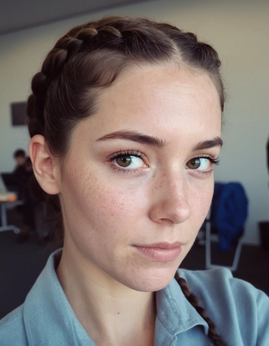 amateur mobile phone photo of a woman with dark brown hair with a french braid at flight school, (freckles:0.5) . f8.0, Samsung Galaxy, noise, jpeg artifacts, bad light, Muffled light, underexposed, high contrast