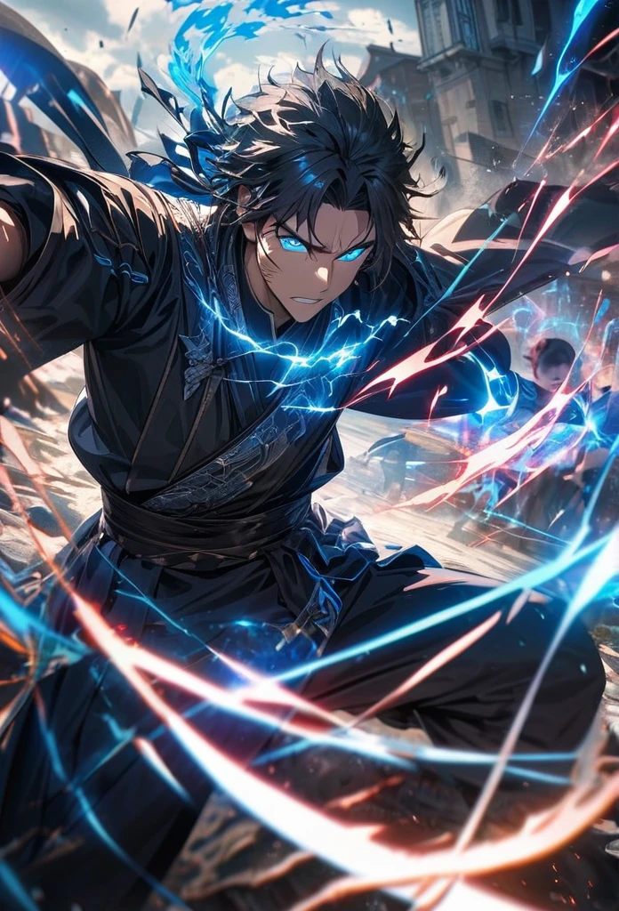 Symetrical,absurdres, highres, ultra detailed, HDR, masterpiece, extremely detailed face and eyestan, tanjiro, in original outfit ,,,,  , solo, man, handsome, ,, , Epic fight scene, blue electric effect,glowing glitters