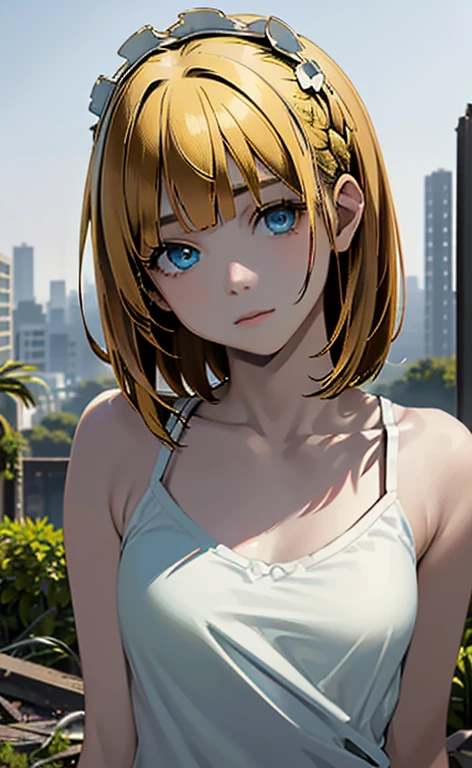 (masterpiece:1.5、Photorealistic:1.4,High Saturation:1.4、high resolution:1.4)、,(spot light:1.2、Exquisite beautiful eye:1.5,)、
(kind eyes、tareme:1.4),()、(Cute Face、Eyes in Love:1.4)、(blonde hair:1.5)、(middle hair:1.5),(sidelock :1.9),(blunt bangs:1.3),(1 girl)、(aqua eyes:1.2)、(upper body:1.5)、(clear face:1.5),(stand)、()、(head tilt) ,(),(flat chest),(),(white camisole:1.5),(),(Abandoned city overrun by plants:1.5)、()、()、Slim Body(),Shiny Hair、girl、